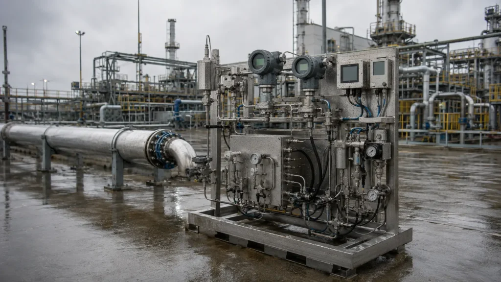 Système d'instrumentation process installé en extérieur sur site industriel, exposé à la pluie et à l'humidité